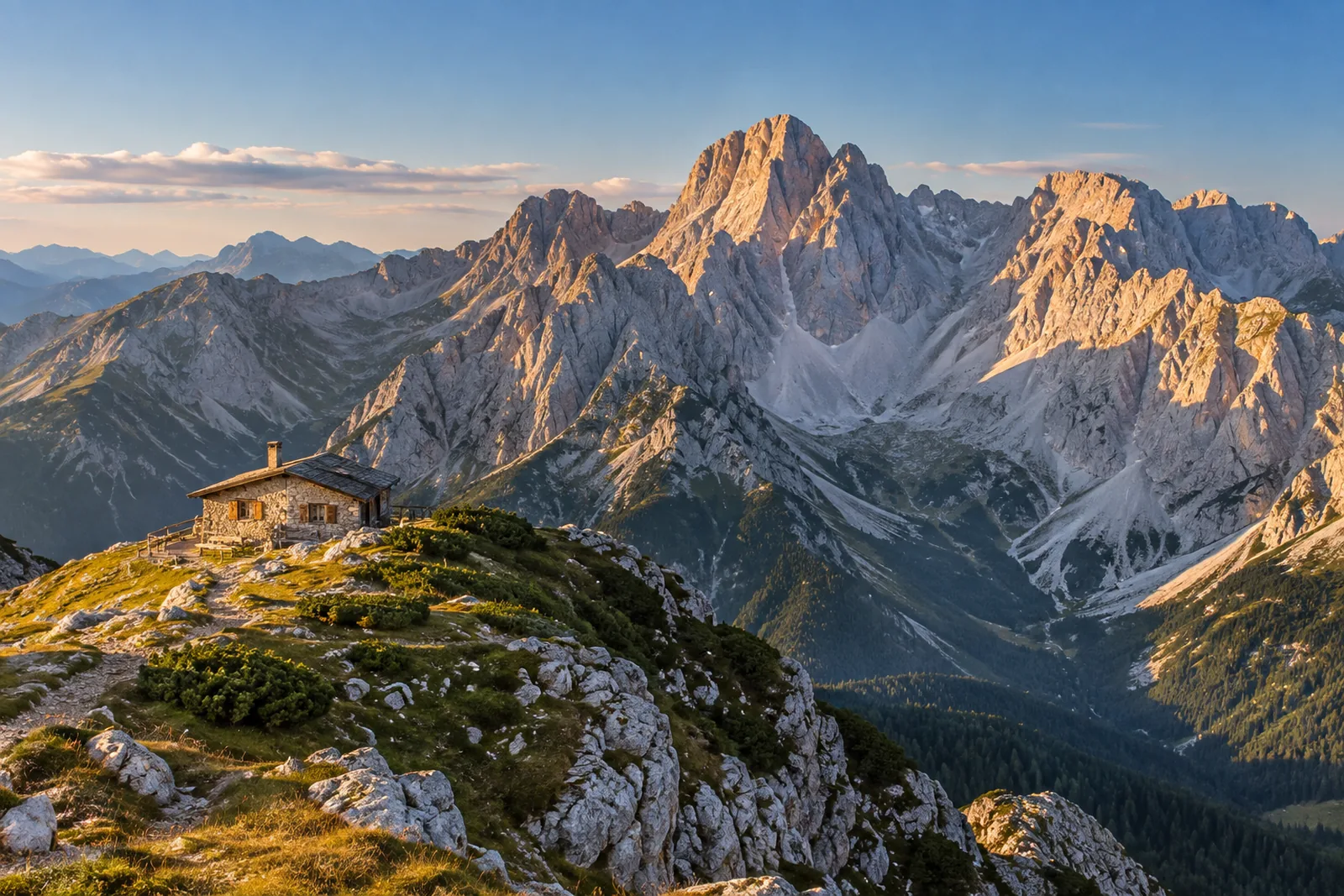 Berggipfel im Karwendel in Tirol mit einer Schutzhütte im Vordergrund