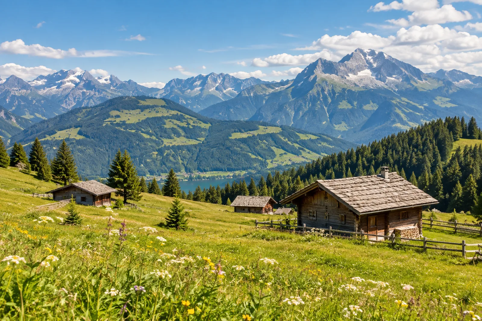 Sonnige Bergwiesen der Salzburger Sportwelt mit Almhütten