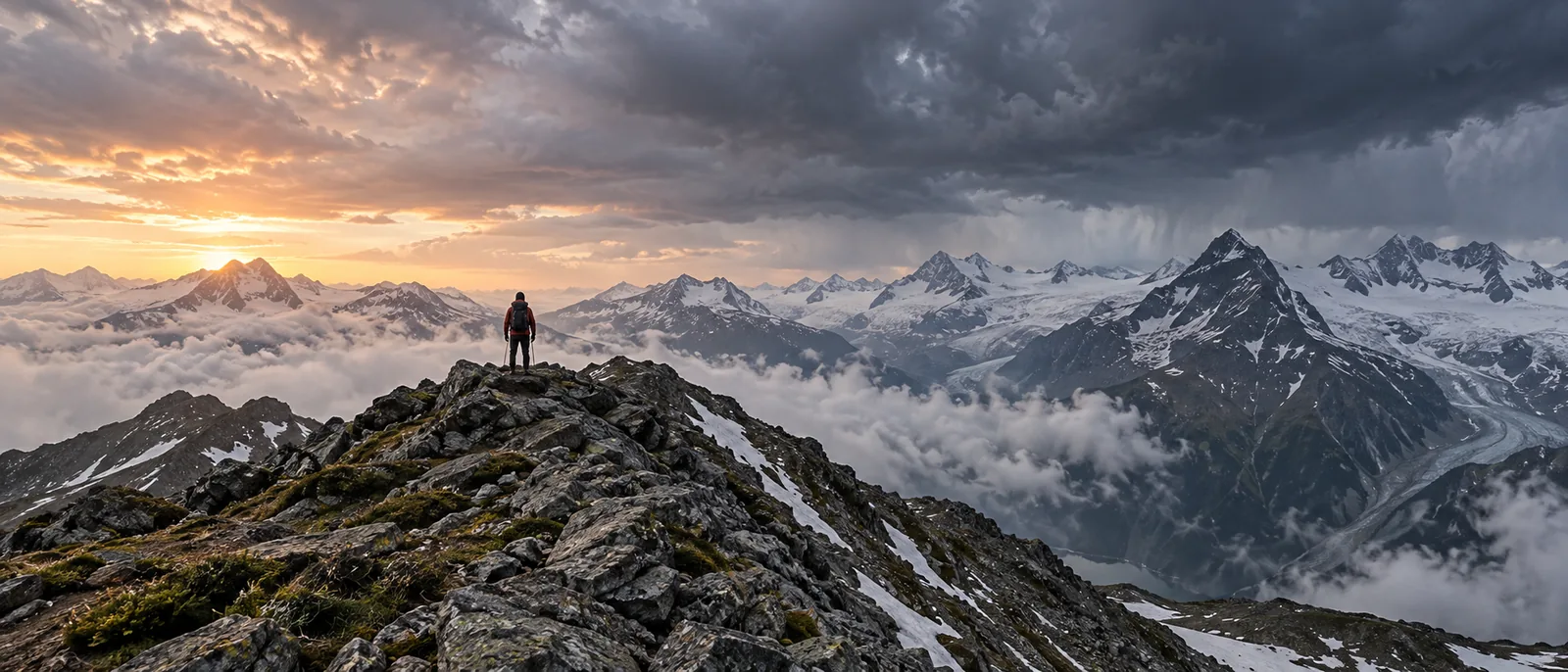 Ein Bergsteiger prüft eine Karte vor einer verschneiten Berglandschaft unter dichten Wolken
