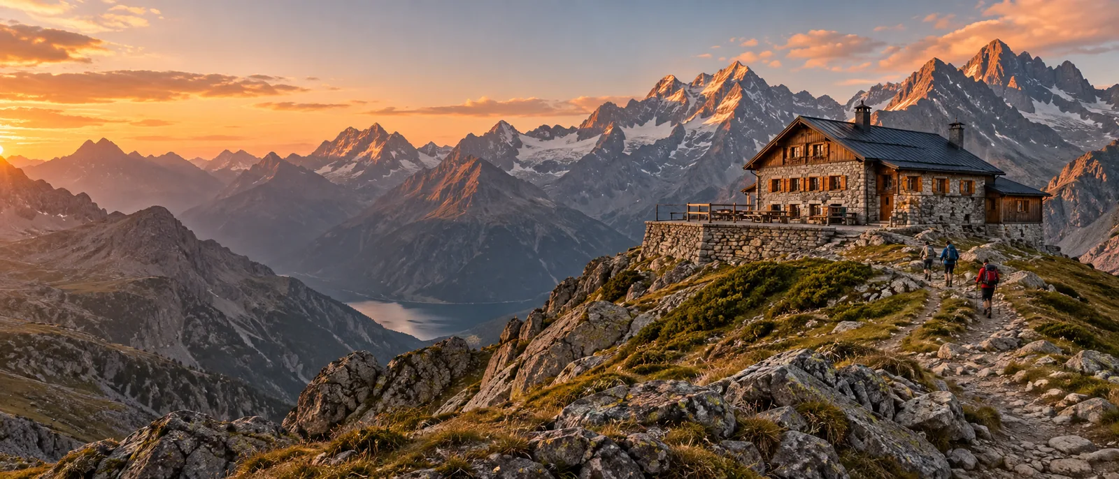 Eine bewirtschaftete Alpenvereinshütte auf einem Bergsattel mit Wanderern davor