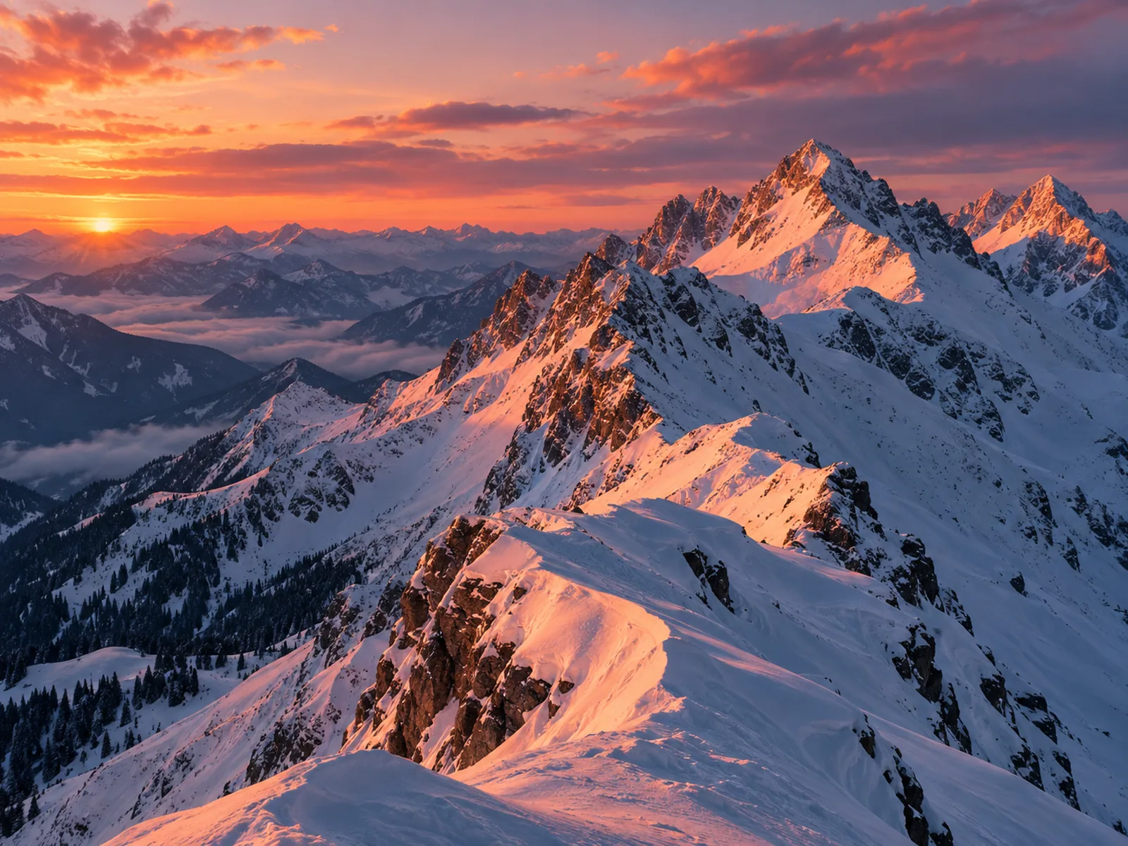 Alpenglühen auf einem schneebedeckten Gipfel