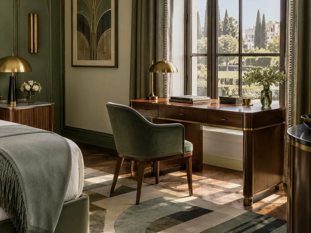 Art-déco-Zimmer im Hotel Kaiserkrone mit Schreibtisch am Fenster und Blick auf den Kurpark