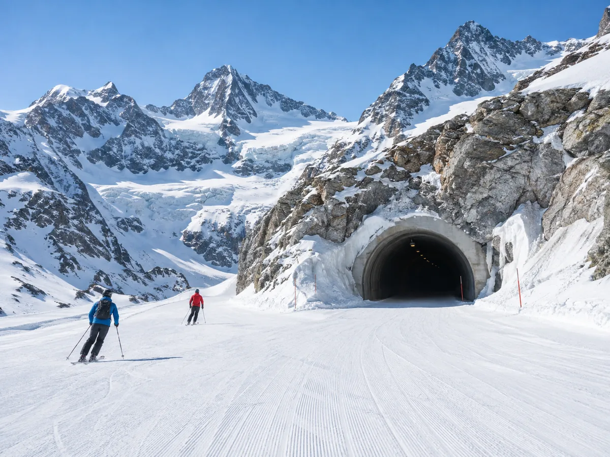Skipisten auf dem Tiefenbachferner bei Sölden mit Blick auf umliegende Gipfel