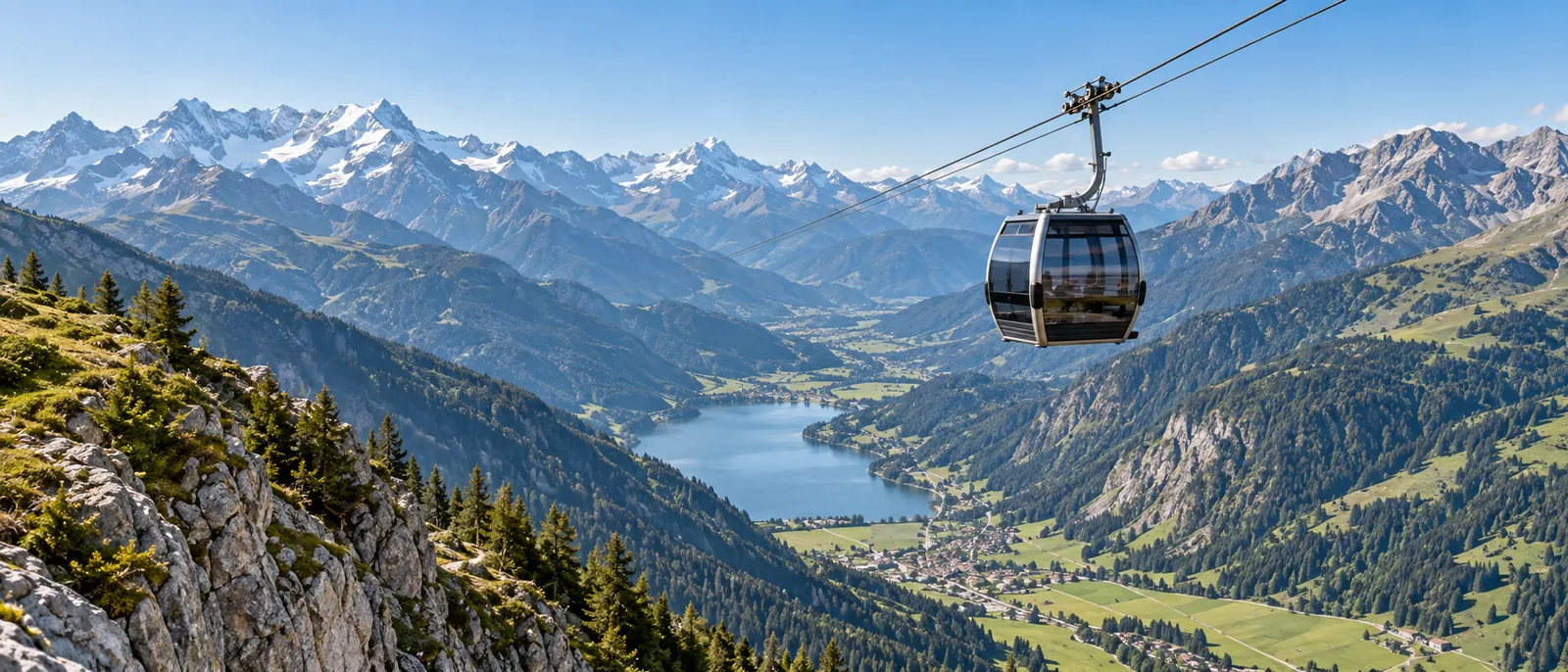 Eine moderne Seilbahn-Gondel fährt über eine Bergkette in den österreichischen Alpen