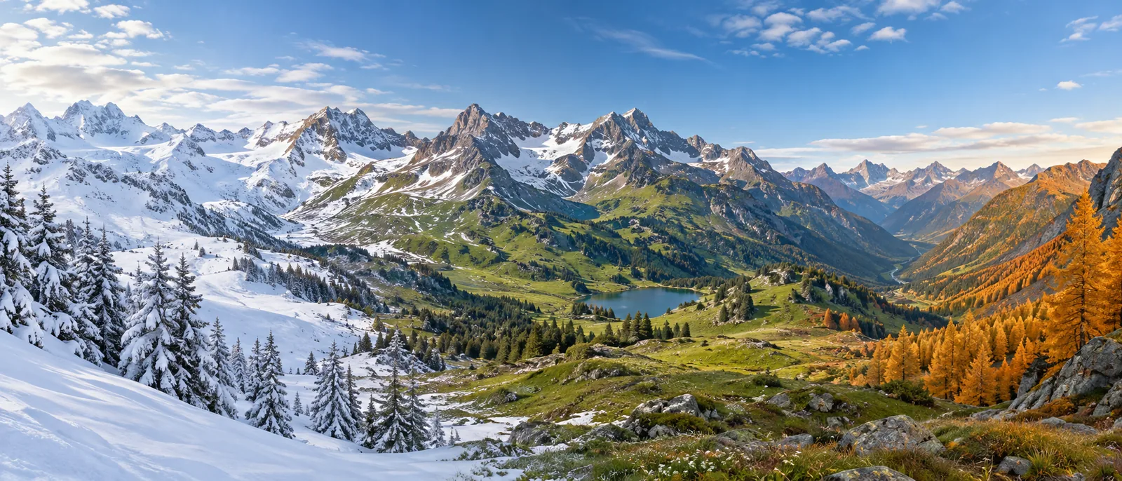 Ein Wanderer blickt über eine herbstlich gefärbte Berglandschaft mit Lärchenwald
