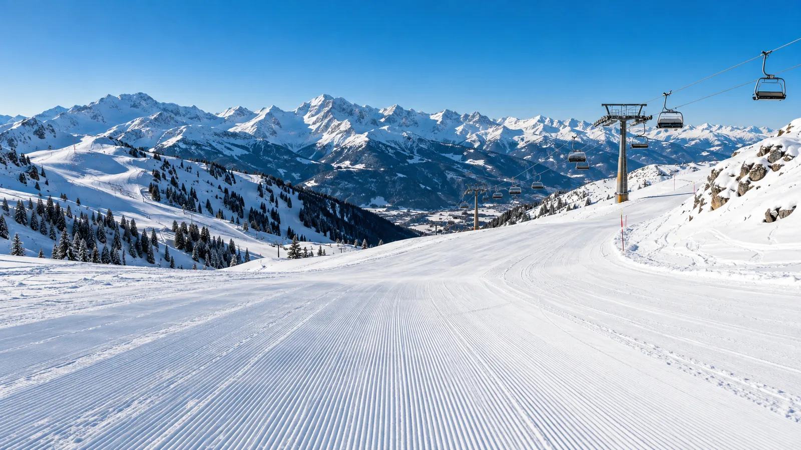Weite Skipisten der Salzburger Sportwelt unter blauem Himmel