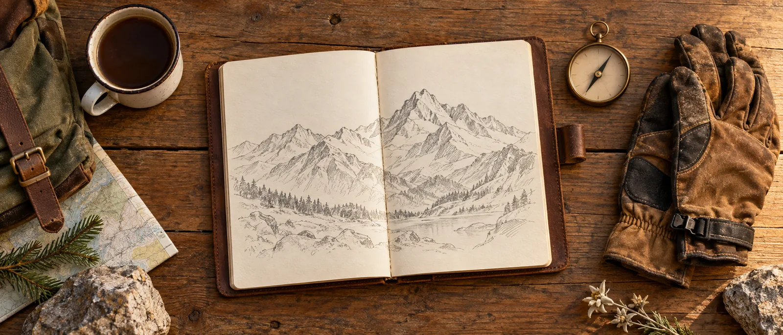 Ein aufgeschlagenes Wanderjournal mit Bergskizzen und einem Kompass auf einem Holztisch